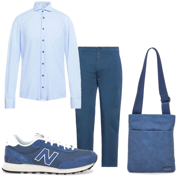 Outfit uomo - Il pomeriggio blu. Stile Urban per Tutti i giorni. Abbinamento con pantaloni, camicie, portafogli, sneakers.