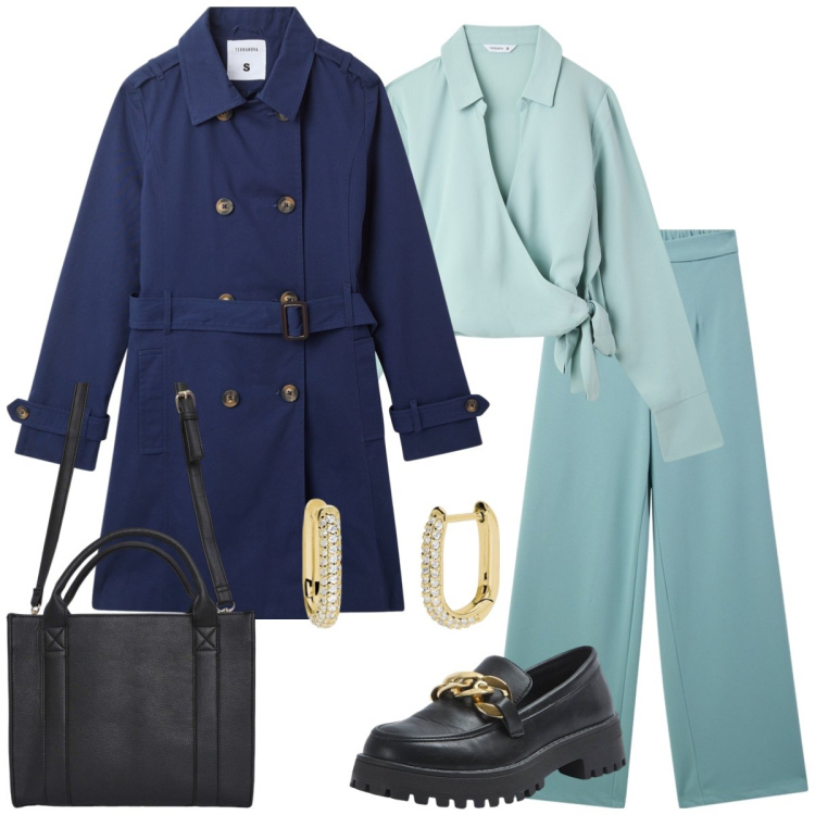 Outfit donna - Total look #2073620. Stile Casual chic per Tutti i giorni. Abbinamento con camicie, borse tote, pantaloni, trench, mocassini, orecchini.