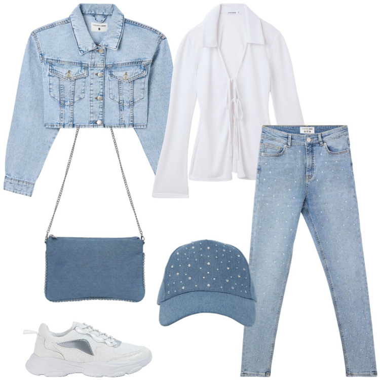 Outfit donna - Total look #2073624. Stile Casual per Scuola/Università. Abbinamento con borse a tracolla, cappelli, camicie, sneakers, jeans skinny, blazer.