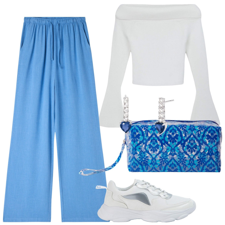 Outfit donna - Aspettando la primavera. Stile Casual per Tutti i giorni. Abbinamento con maglieria, pantaloni, pochette, sneakers, orecchini.