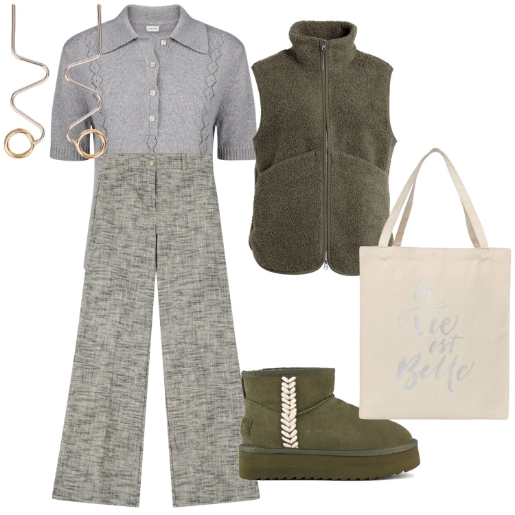 Outfit donna - Il gilet sportivo. Stile Trendy per Tutti i giorni. Abbinamento con blazer, borse tote, pantaloni, polo, stivaletti, orecchini.