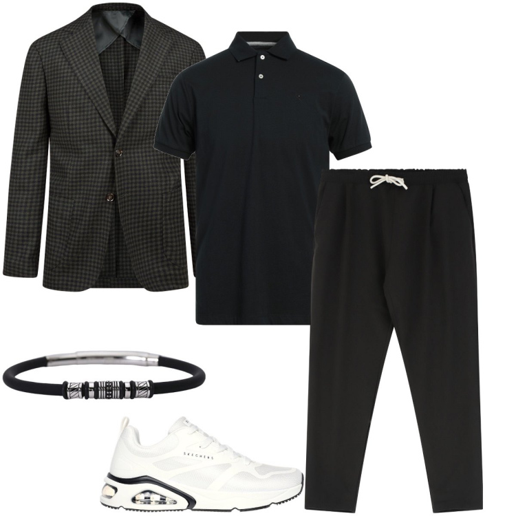 Outfit uomo - Influenza sportiva nel quotidiano. Stile Casual per Serata speciale. Abbinamento con polo, braccialetti, pantaloni, sneakers, giacche.