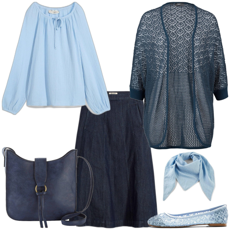Outfit donna - Bonprix - Esplora la primavera curvy. Stile Casual chic per Tutti i giorni. Abbinamento con cardigans, bluse, gonne longuette, ballerine, foulard, borse a tracolla.