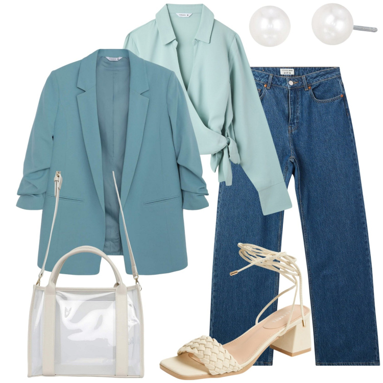 Outfit donna - Terranova new collection. Stile Casual chic per Tutti i giorni. Abbinamento con camicie, borse tote, blazer, jeans, sandali alla schiava, orecchini.