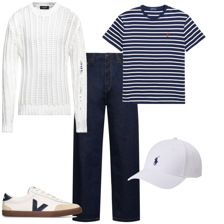 Outfit uomo - Week end al mare. Stile Trendy per Mare. Abbinamento con pullovers, cappelli, t-shirt, jeans, sneakers.