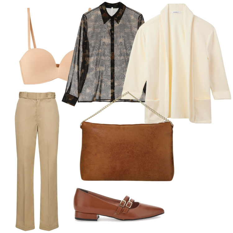 Outfit donna - Colori neutri. per Ufficio. Abbinamento con blazer, reggiseni, camicie, pochette, ballerine, pantaloni.