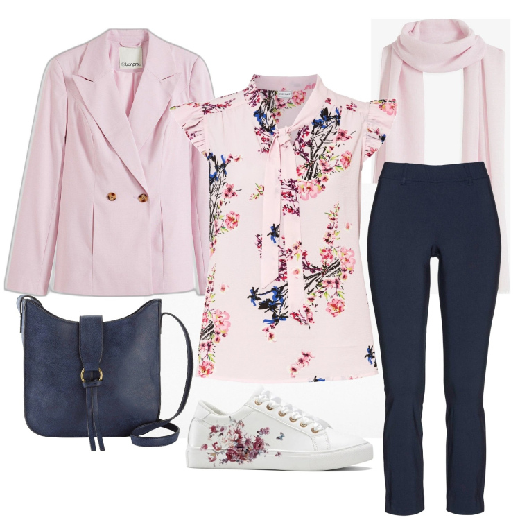 Outfit donna - Primavera nell\'aria. Stile Romantica per Tutti i giorni. Abbinamento con bluse, sneakers, pantaloni, blazer, sciarpe, borse a tracolla.
