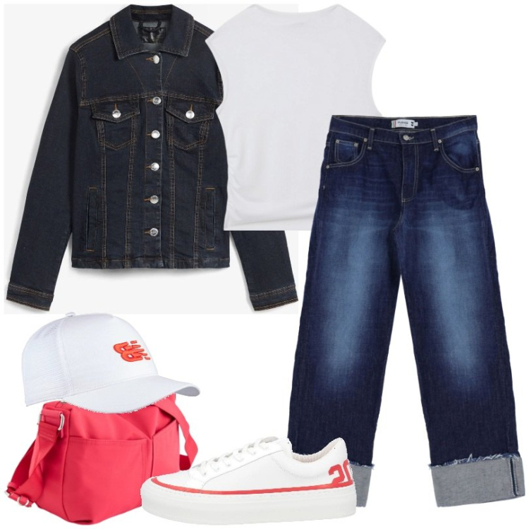 Outfit donna - Jeans con risvolto. Stile Trendy per Tutti i giorni. Abbinamento con blazer, sneakers, t-shirt, cappelli con visiera, jeans, borse a tracolla.