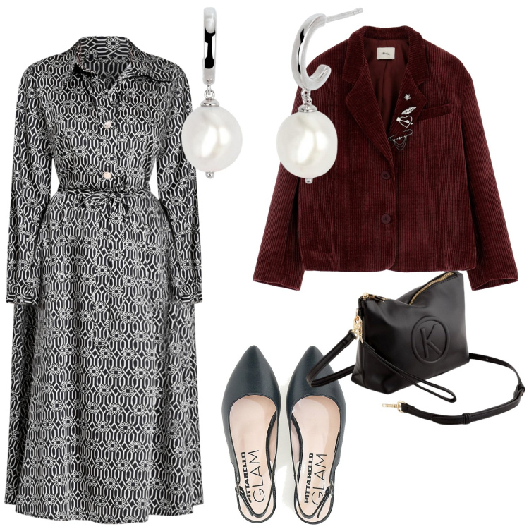 Outfit donna - Serata fuori con i parenti. per Serata fuori. Abbinamento con orecchini, vestiti lunghi, blazer, ballerine, valigie.