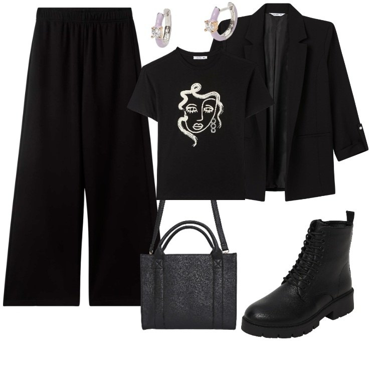 Outfit donna - Total Black Terranova. Stile Mannish per Tutti i giorni. Abbinamento con borse tote, t-shirt, pantaloni, blazer, anfibi, orecchini.