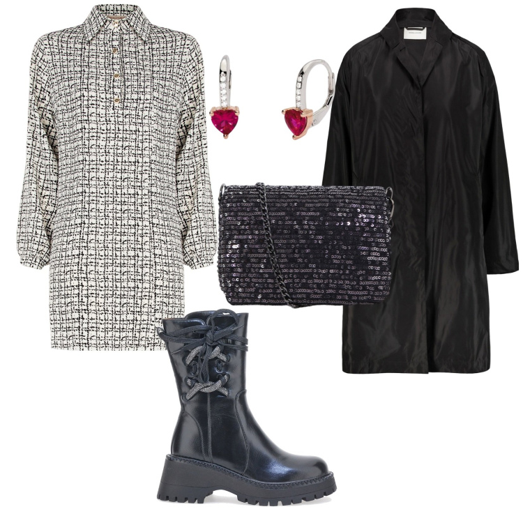 Outfit donna - Uscita. per Serata fuori. Abbinamento con orecchini, vestiti midi/longuette, borse a tracolla, stivaletti, trench.