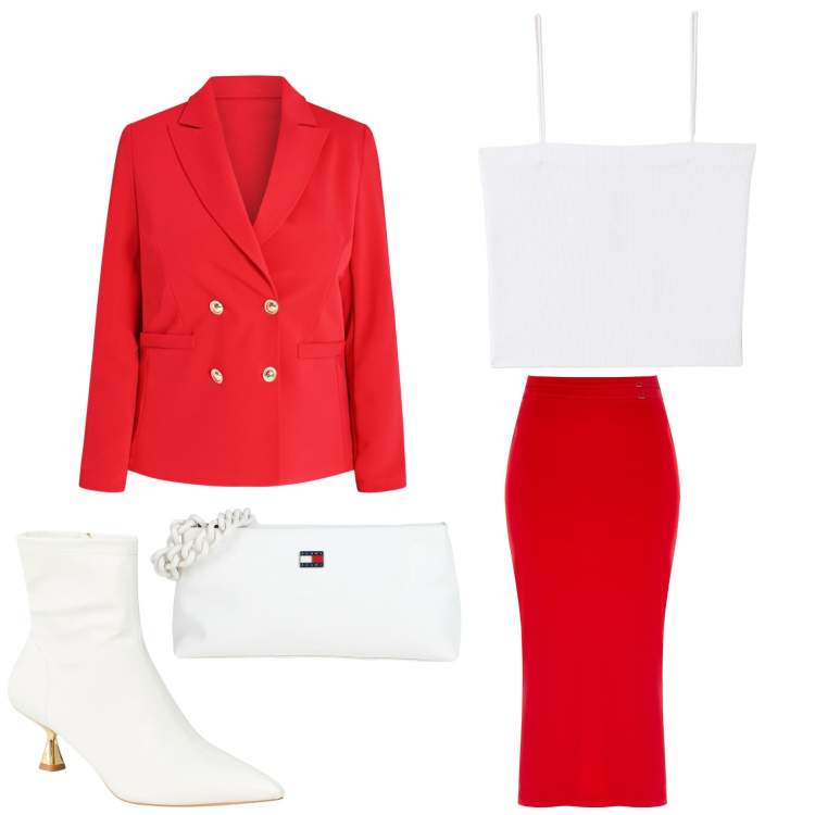 Outfit donna - Fragole e panna. Stile Chic per Serata fuori. Abbinamento con borse a mano, canottiere, stivaletti, gonne longuette, blazer.