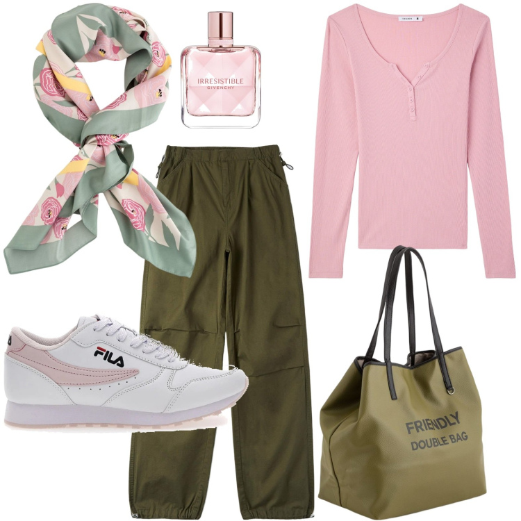 Outfit donna - Il foulard fantasia. Stile Military per Tutti i giorni. Abbinamento con profumi, pantaloni cargo, t-shirt, sneakers, shopping bag, foulard.