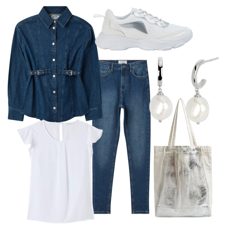 Outfit donna - Bellezza in bicicletta. Stile Sporty chic per Tutti i giorni. Abbinamento con bluse, camicie, shopping bag, jeans skinny, sneakers, orecchini.