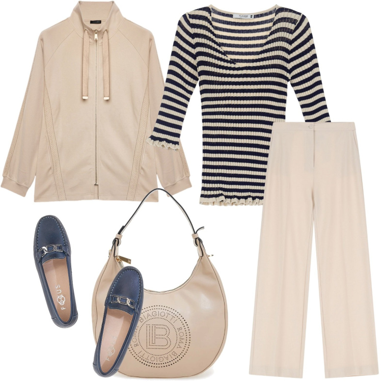 Outfit donna - Passione per le righe. Stile Chic per Ufficio. Abbinamento con pullovers, pantaloni, mocassini, borse a spalla, felpe.
