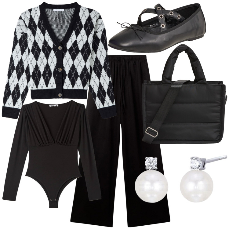 Outfit donna - Pomeriggio cool. Stile Bon Ton per Tutti i giorni. Abbinamento con ballerine, cardigans, body, pantaloni, shopping bag, orecchini.