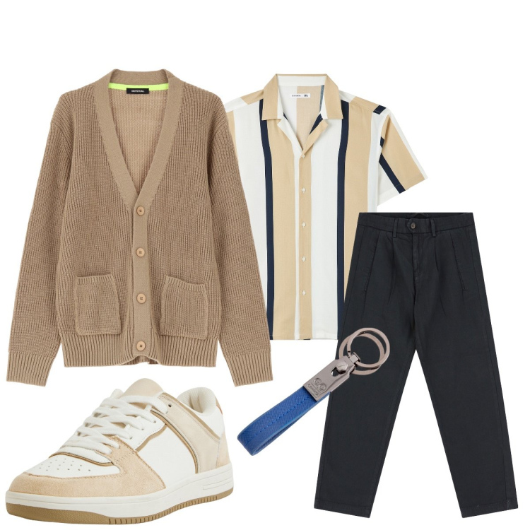 Outfit uomo - Total look #2073706. Stile Casual per Ufficio. Abbinamento con camicie a manica corta, sneakers, pantaloni, cardigans, portachiavi.