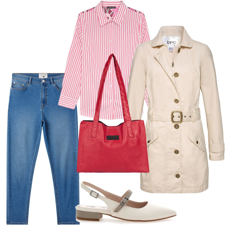 Outfit donna - Eleganza minimal. Stile Casual per Tutti i giorni. Abbinamento con trench, jeans skinny, shopping bag, ballerine, camicie.