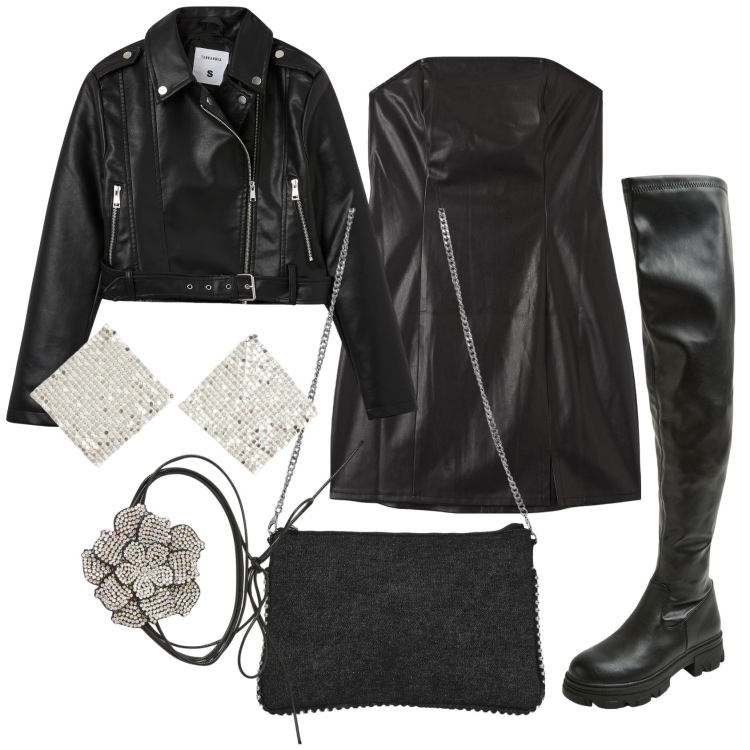 Outfit donna - Fino al mattino. Stile Rock per Serata fuori. Abbinamento con collane, orecchini, vestiti midi/longuette, stivali, giacche, borse a tracolla.