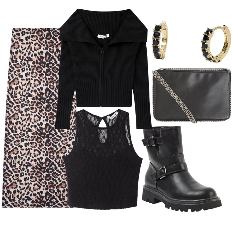 Outfit donna - Friday animalier. Stile Rock per Serata fuori. Abbinamento con gonne lunghe, top, borse a tracolla, cardigans, stivaletti, orecchini.