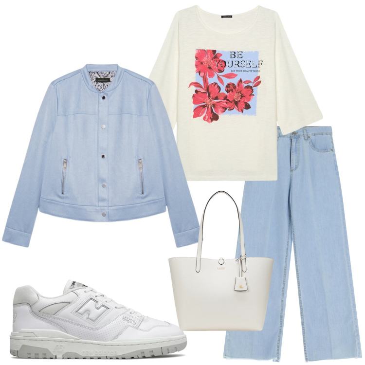 Outfit donna - Colori della primavera. Stile Casual per Tutti i giorni. Abbinamento con sneakers, jeans, borse tote, t-shirt, blazer.