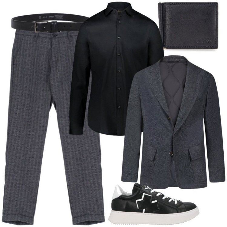Outfit uomo - In ufficio curato ma non troppo formale. Stile Business/Elegante per Ufficio. Abbinamento con sneakers, pantaloni, cinture, camicie, portafogli, giacche.