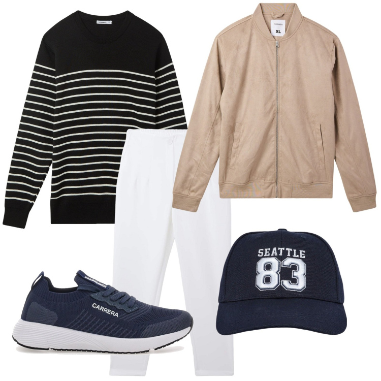 Outfit uomo - Esplosione di stampe a righe. Stile Trendy per Tutti i giorni. Abbinamento con pantaloni chino, bomber, cappelli, maglieria, sneakers.