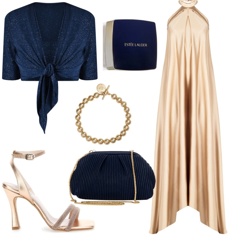 Outfit donna - BluGold. Stile Glamour per Cerimonia. Abbinamento con fondotinta, vestiti lunghi, bolero, pochette, braccialetti, sandali col tacco.