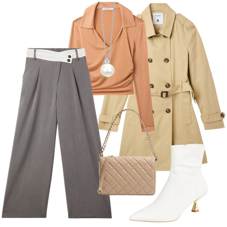 Outfit donna - Terranova new collection. Stile Urban per Tutti i giorni. Abbinamento con trench, pantaloni, stivaletti, polo, borse a tracolla, collane.