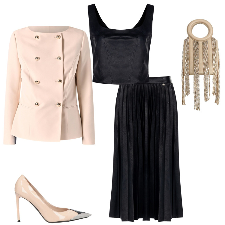 Outfit donna - Gonna midi per la primavera. Stile Chic per Serata fuori. Abbinamento con décolleté, borse a secchiello, top, blazer, gonne longuette.