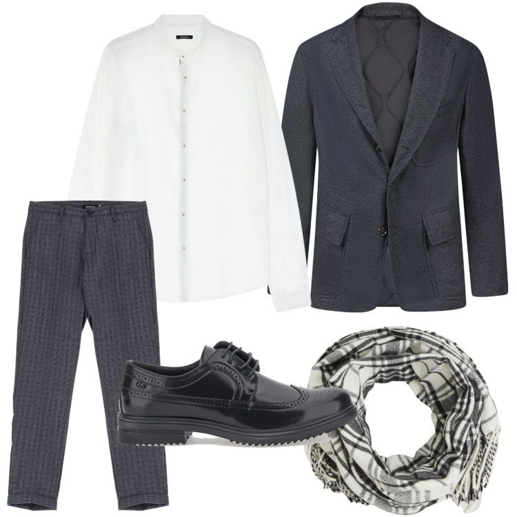 Outfit uomo - Primavera con classe. Stile Business/Elegante per Ufficio. Abbinamento con sciarpe, pantaloni, camicie, giacche, scarpe stringate.