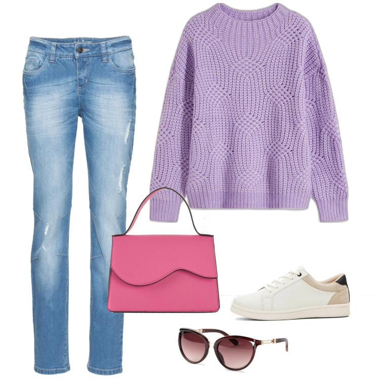 Outfit donna - La primavera colorata. Stile Basic per Tutti i giorni. Abbinamento con occhiali da sole, maglieria, jeans boyfriend, sneakers, borse a tracolla.