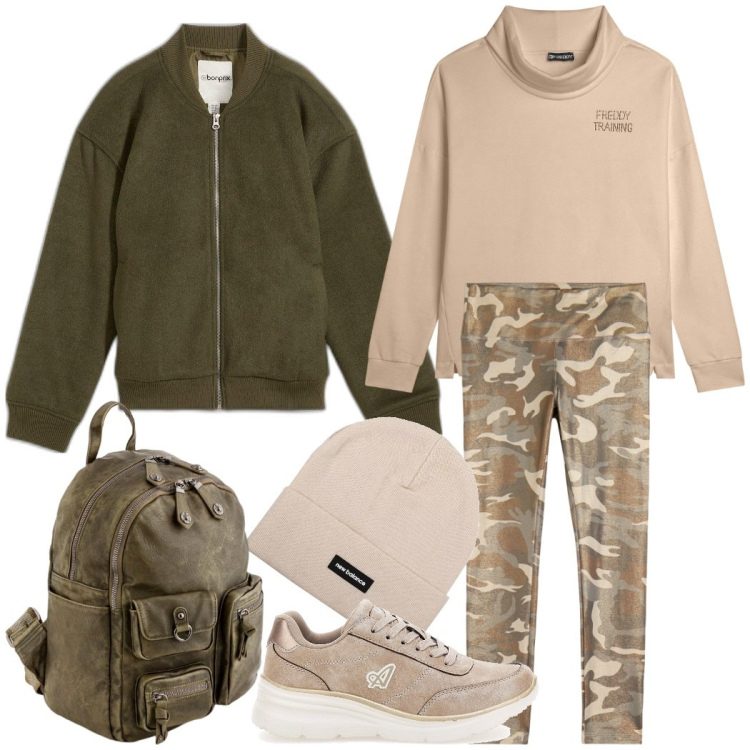Outfit donna - Passeggiata nei boschi. Stile Military per Tutti i giorni. Abbinamento con bomber, berretti, felpe, pantaloni, sneakers, zaini.