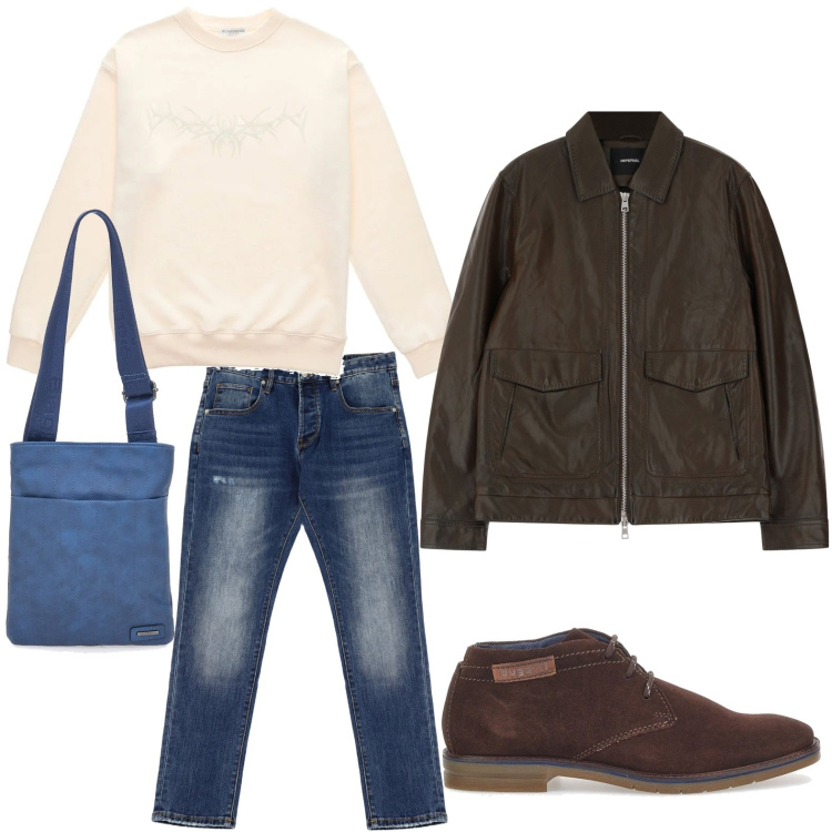 Outfit uomo - Giornata metropolitana. Stile Casual per Tutti i giorni. Abbinamento con giacche, jeans dritti, scarpe stringate, portafogli, felpe.