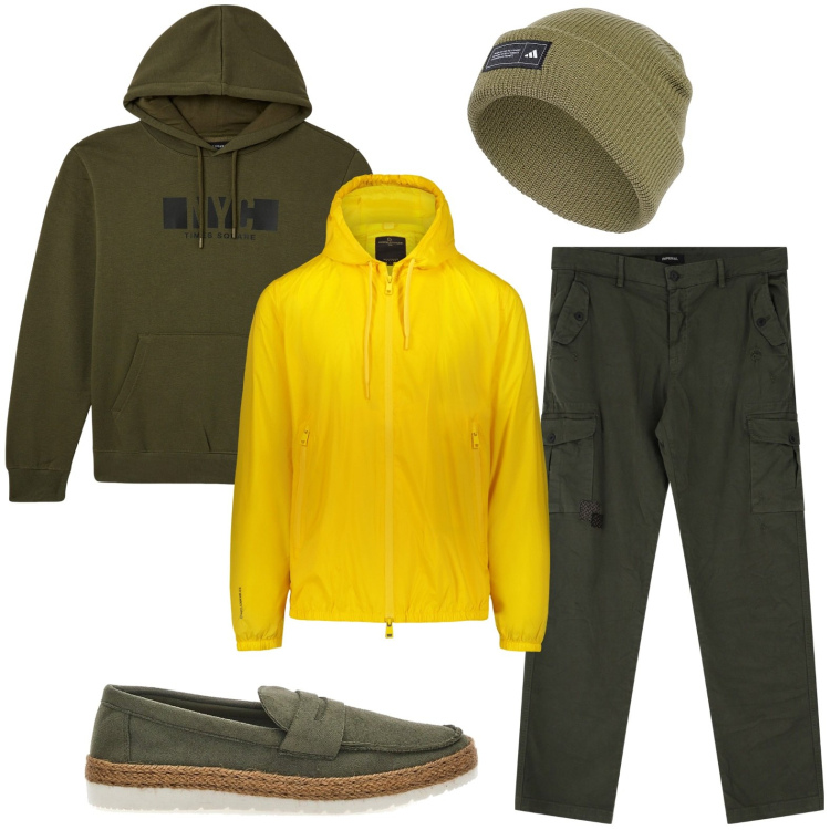 Outfit uomo - Giacca per il tempo imprevedibile. Stile Casual per Tutti i giorni. Abbinamento con felpe con cappuccio, pantaloni cargo, giacche, scarpe stringate, berretti.