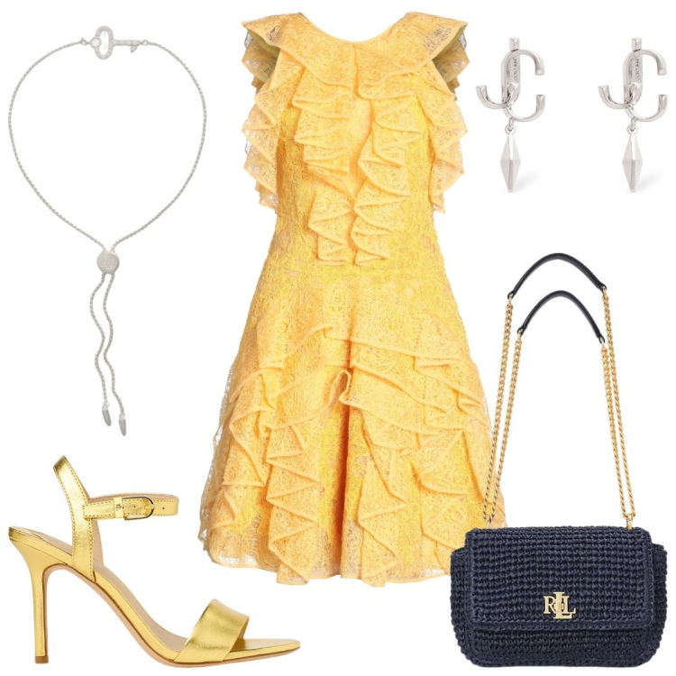 Outfit donna - Cerimonia elegante. Stile Glamour per Cerimonia. Abbinamento con vestiti corti, braccialetti, sandali in pelle, borse a spalla, orecchini.