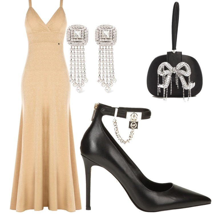 Outfit donna - Cerimonia o serata galà. Stile Chic per Cerimonia. Abbinamento con décolleté, vestiti lunghi, pochette, orecchini.