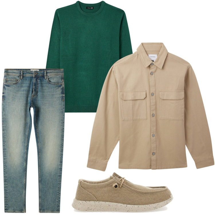 Outfit uomo - Il pull color prato. Stile Casual per Tutti i giorni. Abbinamento con cappotti, jeans skinny, maglieria, scarpe stringate.