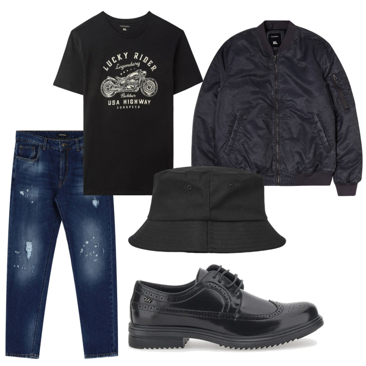 Outfit uomo - I dettagli contano. Stile Trendy per Serata speciale. Abbinamento con t-shirt, cappelli, bomber, jeans, scarpe stringate.