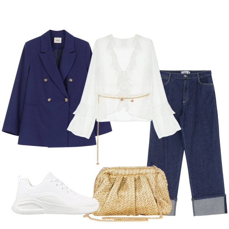 Outfit donna - Uscita pomeridiana. Stile Casual chic per Tutti i giorni. Abbinamento con bluse, jeans, clutch, blazer, sneakers.