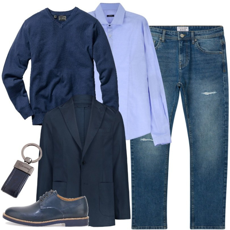Outfit uomo - La scelta intramontabile del blu. Stile Casual per Tutti i giorni. Abbinamento con maglieria, jeans strappati, camicie, scarpe stringate, giacche, portachiavi.