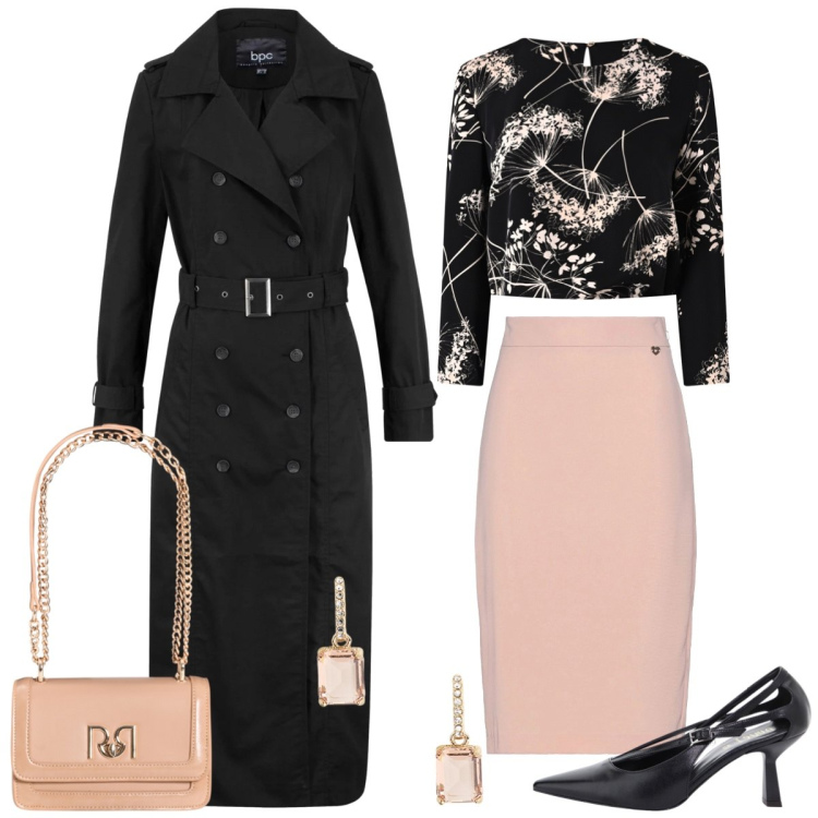 Outfit donna - Total look #2073795. Stile Chic per Serata fuori. Abbinamento con trench, gonne longuette, orecchini, décolleté, borse a tracolla, bluse.