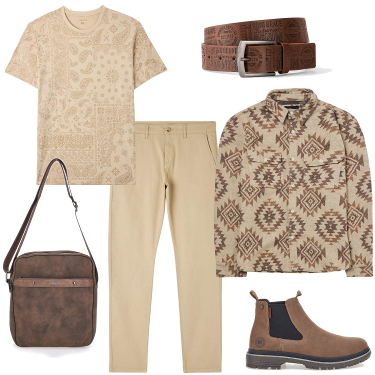 Outfit uomo - Stile etnico. Stile Urban per Tutti i giorni. Abbinamento con cinture, t-shirt, pantaloni chino, cappotti, portafogli, stivali e stivaletti.