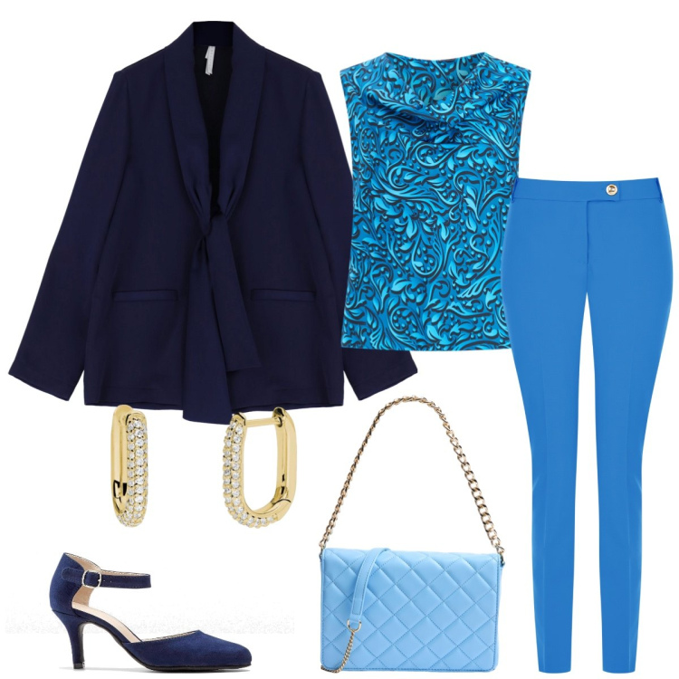 Outfit donna - Total look #2073803. Stile Casual chic per Tutti i giorni. Abbinamento con décolleté, borse a tracolla, orecchini, top, pantaloni, blazer.