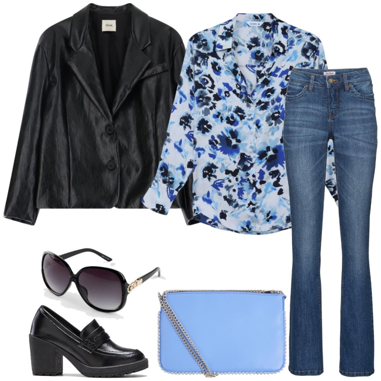Outfit donna - Total look #2073807. Stile Casual per Tutti i giorni. Abbinamento con jeans bootcut, occhiali da sole, mocassini, camicie, borse a tracolla, blazer.