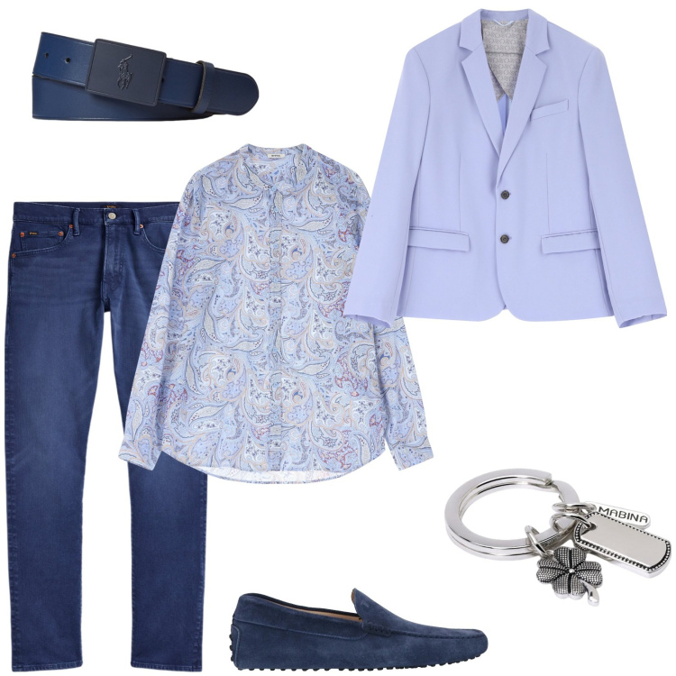 Outfit uomo - Colori pastello per la giacca. Stile Trendy per Ufficio. Abbinamento con scarpe stringate, portachiavi, giacche, camicie, jeans, cinture.