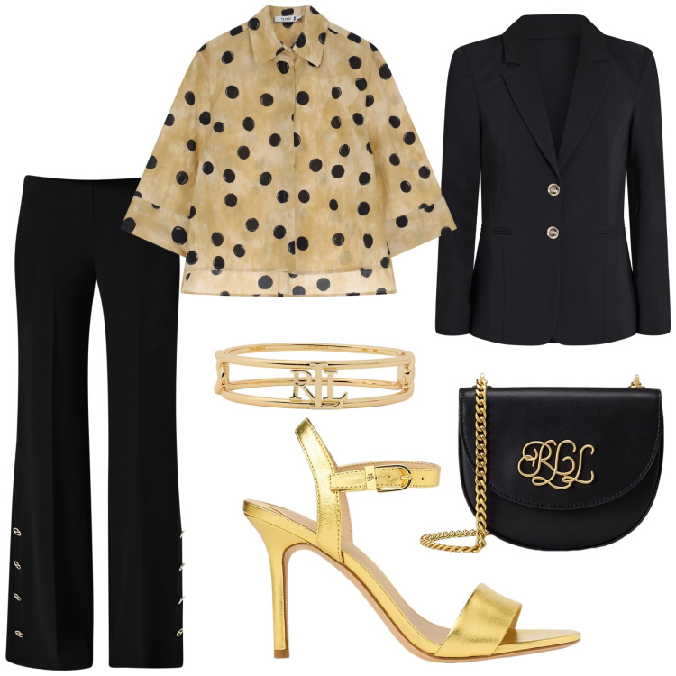 Outfit donna - Serata formale. Stile Glamour per Serata fuori. Abbinamento con blazer, pantaloni a palazzo, camicie, borse a tracolla, braccialetti, sandali in pelle.