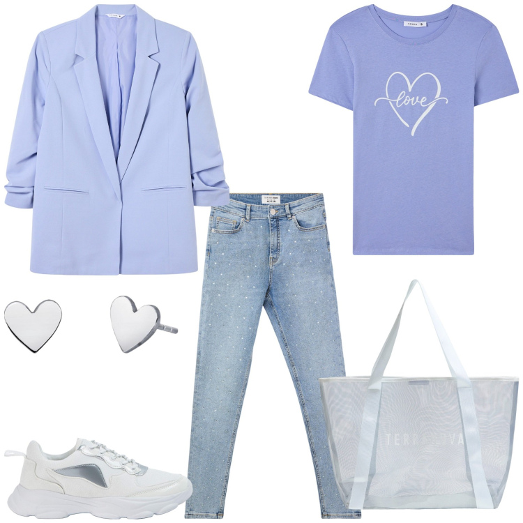 Outfit donna - Terranova -New Collection PE25. Stile Basic per Tutti i giorni. Abbinamento con t-shirt, jeans skinny, blazer, sneakers, shopping bag, orecchini.