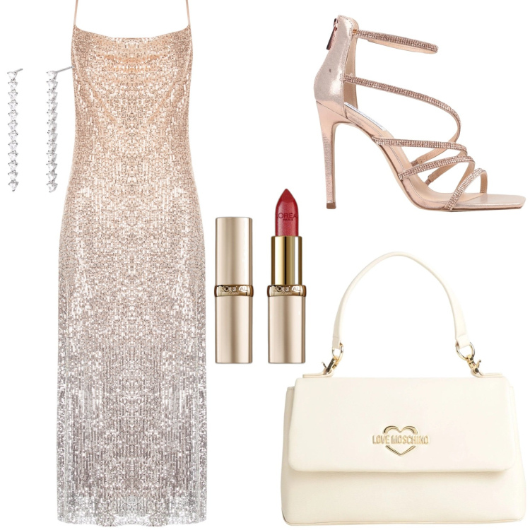 Outfit donna - Un compleanno speciale. Stile Glamour per Cerimonia. Abbinamento con sandali col tacco, borse a mano, rossetti, orecchini, vestiti lunghi.