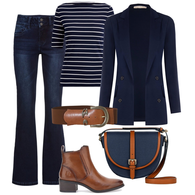 Outfit donna - Blazer glam & jeans - @laloba. Stile Casual chic per Tutti i giorni. Abbinamento con jeans bootcut, blazer, borse a tracolla, cinture, maglieria, stivaletti.